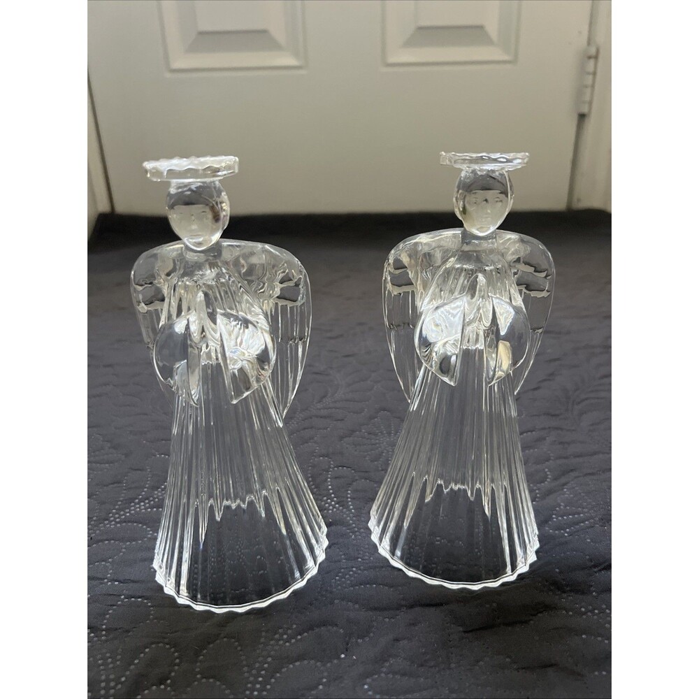 Vintage set of 2 AVON GLOWING ANGEL CANDLESTICKS 24% Lead Crystal Holiday Decor